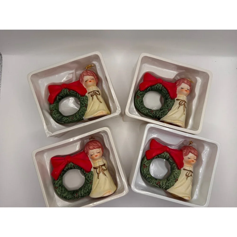 Vintage Jasco L'il Chimers Christmas Napkin Rings Bisque Porcelain Holiday Bell